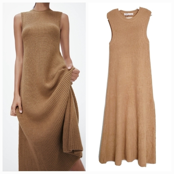 Zara Cable Knit A Line Dress In Tan - Picture 1 of 5